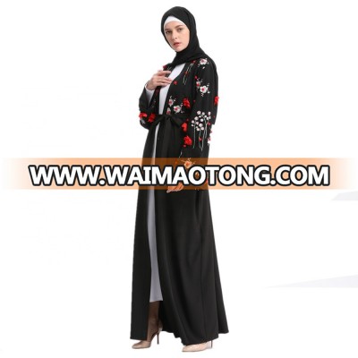 Latest muslim abaya designs embroidered flower women kimono front open dress