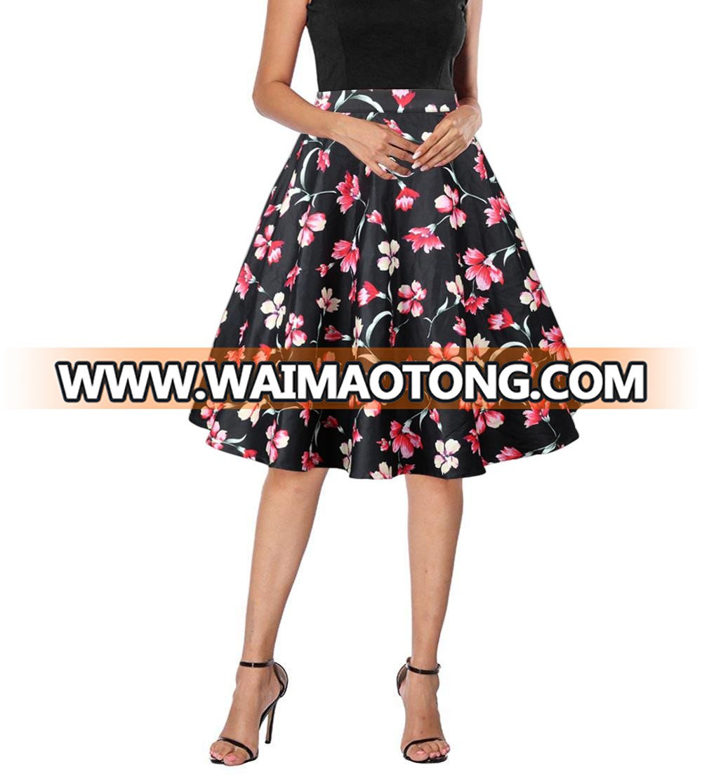 Wholesale Free Shipping Lady Skirt, Floral Print A-Line Midi Skirts Women